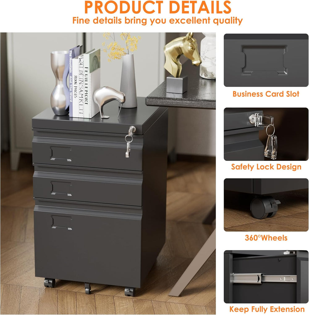 3 Drawer Metal File Cabinet with Wheels, Under Desk Rolling Filing Cabinet fo...
