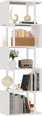 Furologee White Geometric Bookshelf 6 Tier S-Shaped Bookcase, Tall Modern Display Storage Shelf, Metal and Wood Decorative Freestanding Room Divider Shelves for Bedroom, Living Room, Office