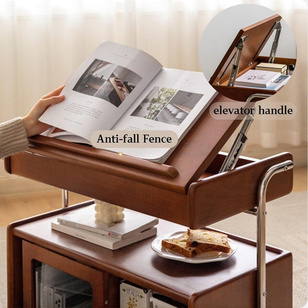 Solid Wood Storage Cabinet with Wheels, Lift Side Table with Adjustable Angle...