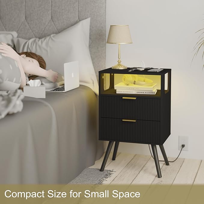 Black Nightstand with Charging Station and LED Lights,Modern Bedside Table wi...