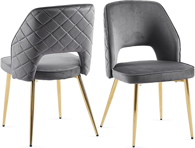 NORDICANA Modern Dining Chair Set of 2, Grey Velvet Fabric Upholstered Accent Chairs with Golden Metal Legs, Round Back Side Chairs for Kitchen Living Room Bedroom
