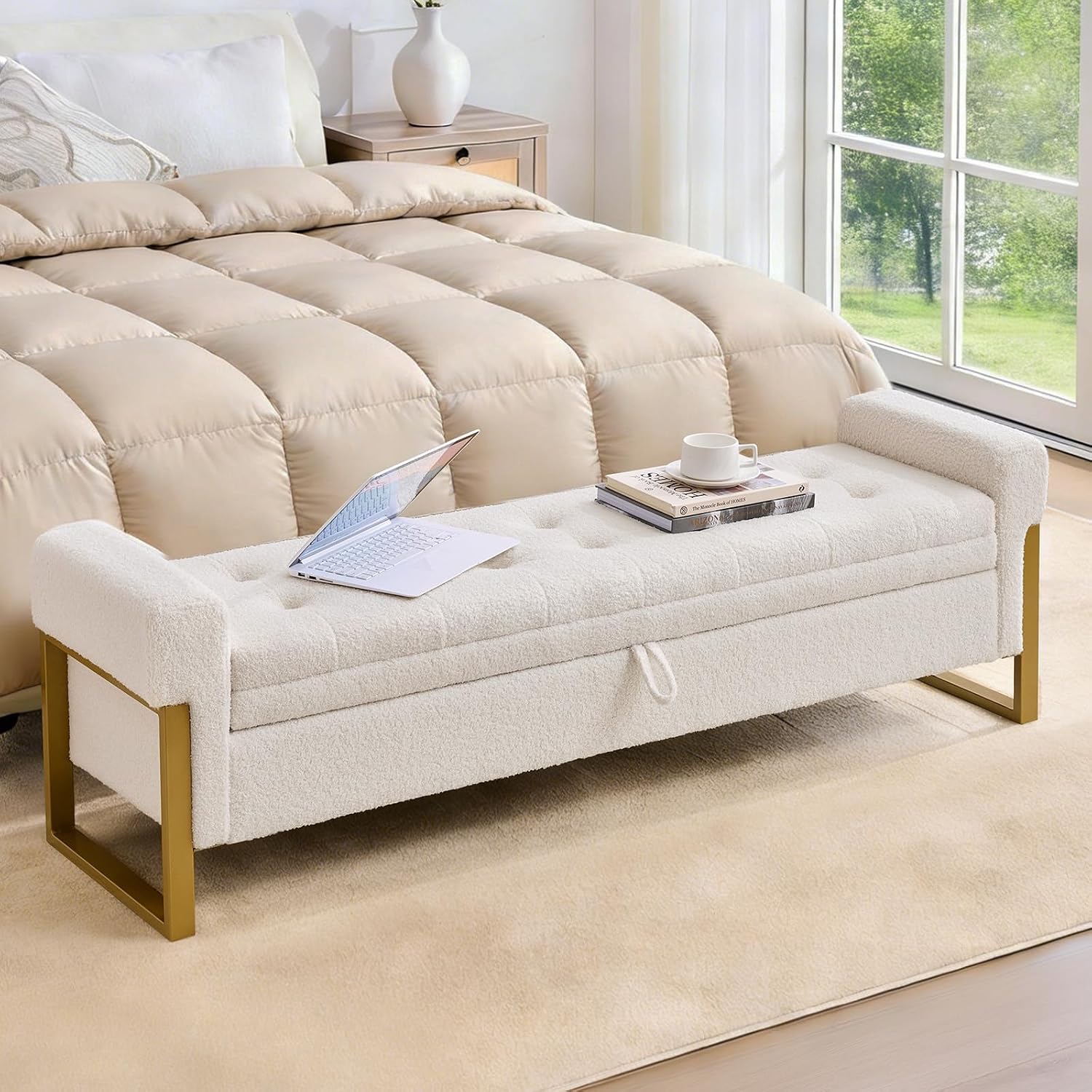 67" Storage Bench for Bedroom, King Size End of Bed Bench, Teddy Upholstered Storage Ottoman Bench with Golden Metal Legs, Bedroom Bench for Entryway, White