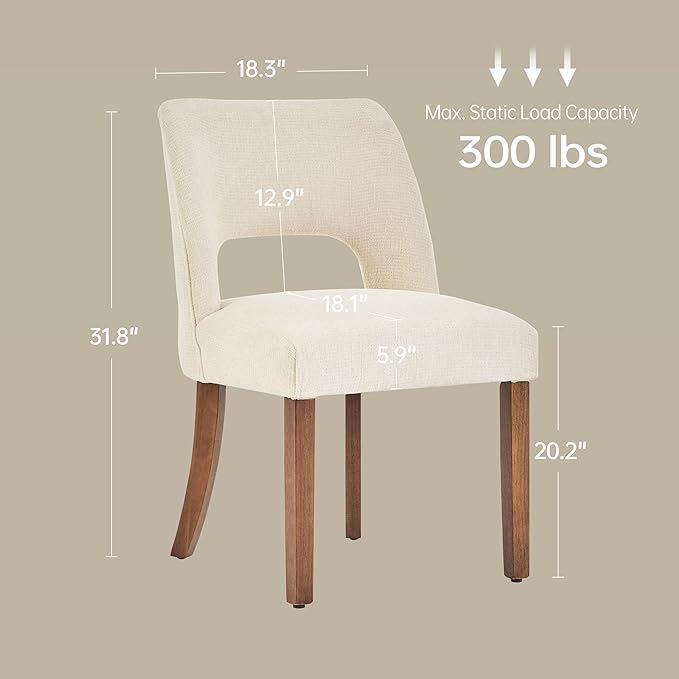 keoni Wooden Dining Chairs Set of 6, Mid Century Modern Upholstered Dining Room Chairs with Rubberwood Legs, Fabric Farmhouse Kitchen Chairs with Foot Pegs for Dining Room, Cream