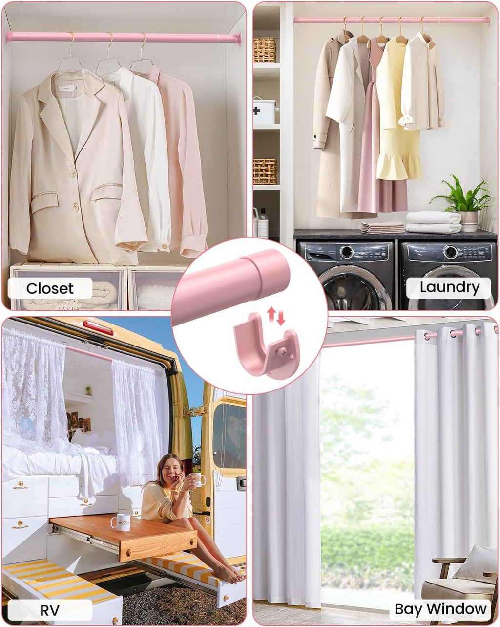 Closet Rods for Hanging Clothes, 17 to 99 Inches Stepless Adjustable Metal Closet Rod, 1.3 Inches Heavy Duty Clothes Hanging Rod for Closet Wardrobes Laundry RV, Pink