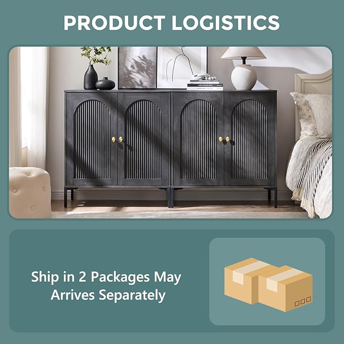 Modern TV Stands for 75 Inch TVs, 61.75‬"W Wood Entertainment Center w/Adjustable Shelves, Mid Century Modern TV Stand w/Arched Fluted Doors, Media Console Cabinet for Living Room, Dark Grey
