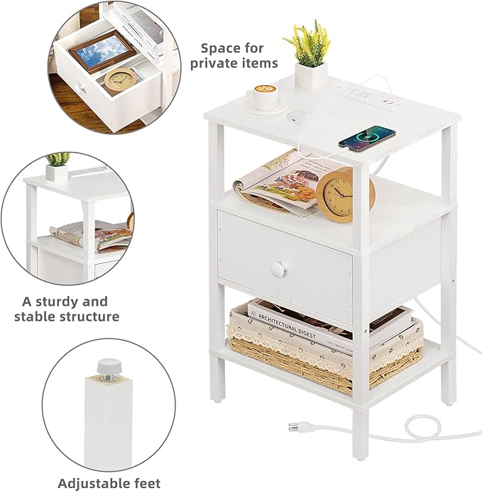 Lerliuo Nightstand with Charging Station and USB Ports, 3-Tier Storage End Ta...