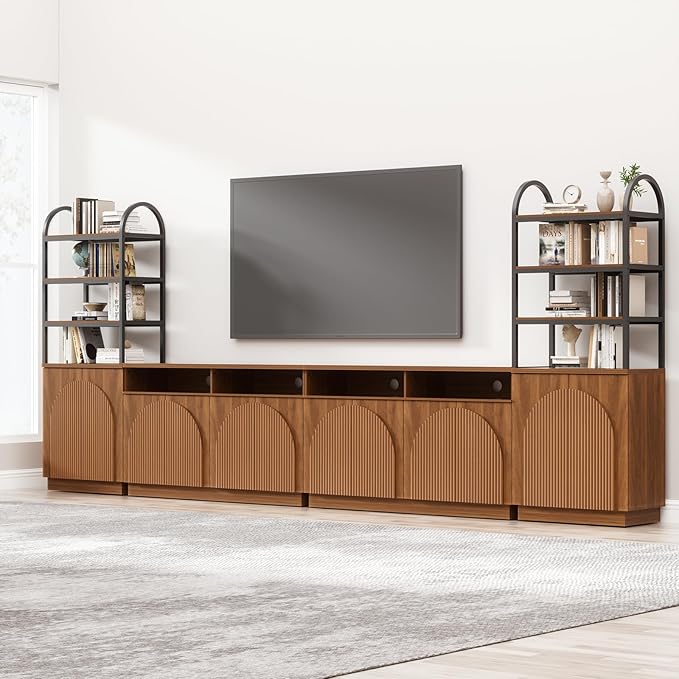 Yechen 165" Modular Entertainment Center with Bookshelves for up to 98", Mid Century Modern TV Stand with Storage, TV Cabinet with Open Shelves and Adjustable Shelves, Living Room, Walnut Oak(4 PCS)