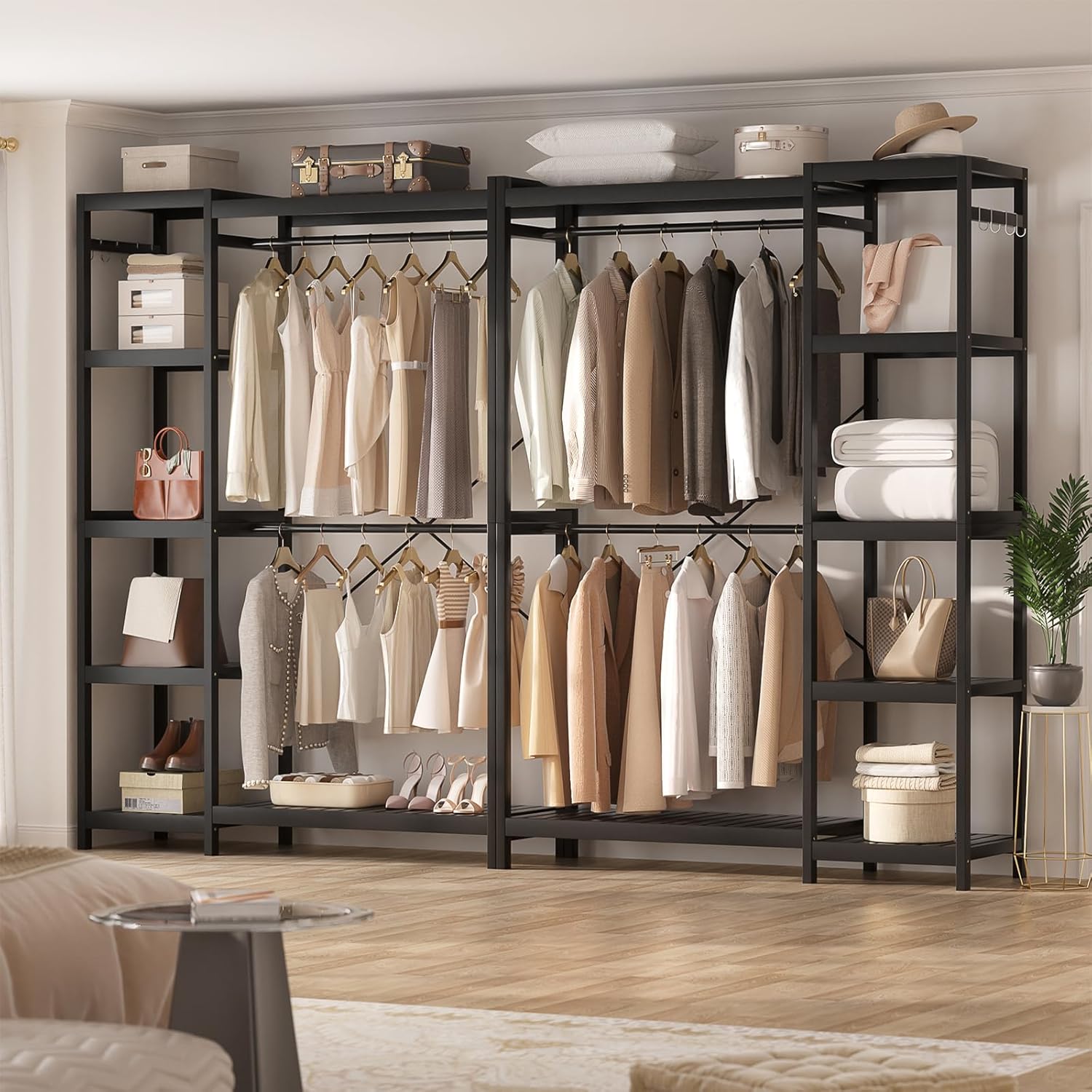 Homykic Bamboo Clothes Rack Garment Rack for Hanging Clothes, Heavy Duty Clothing Rack with 7 Tiers Adjustable Shelves, Double Rods, 4 Hooks, Freestanding Closet System Organizer Wardrobe, Black