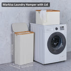 Slim Laundry Hamper,Narrow laundry Hamper with Lid,60L Hamper for Laundry,Dirty Cloth Hamper with Bamboo Handle for Toys,Towels, Clothes Organizing,Beige