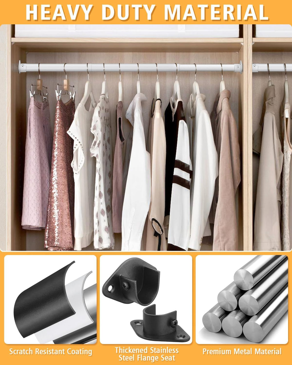 Closet Rod, 17 to 28 Inch Heavy Duty Adjustable Metal Clothing Rack for Hanging Clothes, Closet Poles for Wardrobes, Laundry, Durable Steel, White