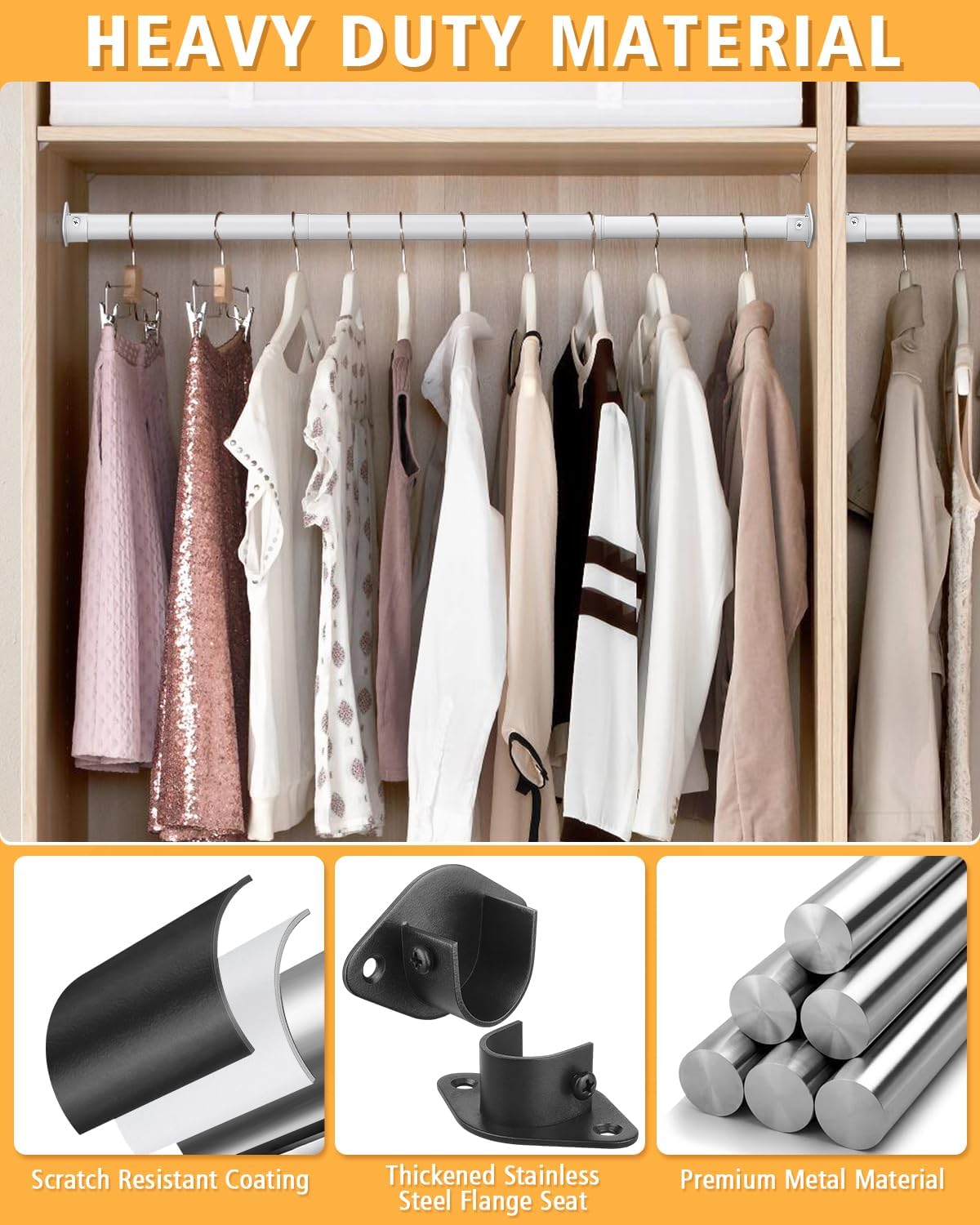 Closet Rod, 17 to 39 Inch Heavy Duty Adjustable Metal Clothing Rack for Hanging Clothes, Closet Poles for Wardrobes, Laundry, Durable Steel, White