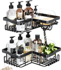 Corner Shower Caddy with Soap Holder, 2 Pack Stainless Steel Corner Shower Organizer with 11 Hooks, No Drilling & 6 Strong Adhesives Corner Shower Shelf Bathroom Organizer for Shower Room, Black