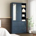 Homsee Wardrobe Armoire Wooden Closet with Mirror, 2 Doors, 2 Drawers, 4 Open Storage Cubes and Hanging Rod for Bedroom, Navy Blue (35.5”L x 15.8”W x 70.8”H)