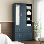 Homsee Wardrobe Armoire Wooden Closet with Mirror, 2 Doors, 2 Drawers, 4 Open Storage Cubes and Hanging Rod for Bedroom, Navy Blue (35.5”L x 15.8”W x 70.8”H)