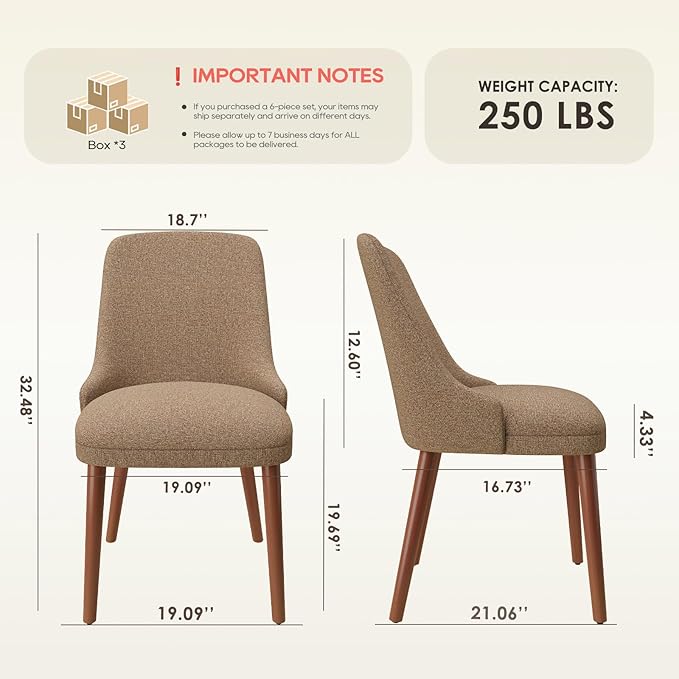 Dining Chairs Set of 6, Upholstered Dining Room Chair with Wood Legs, High-Back Padded Kitchen Chairs for Dining Room/Restaurant/Cafe, Camel