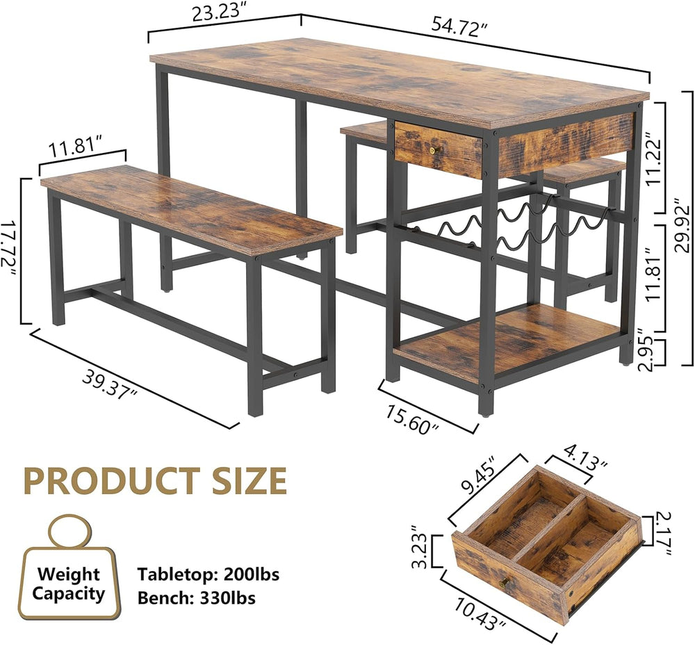 Dining Table Set for 4-6 People, 54.7" Kitchen Dinner Table with 2 Benches