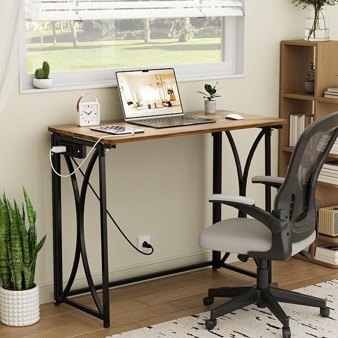 Small Desk, 31.5" Folding Table for Bedroom with Power Outlet, Space Saving Folding Computer Desk for Home Office, Easy Assembly, Brown