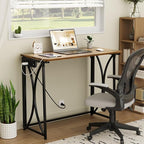 Small Desk, 31.5" Folding Table for Bedroom with Power Outlet, Space Saving Folding Computer Desk for Home Office, Easy Assembly, Brown