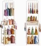 Tall Purse Organizer for Closet with 5 Purse Hanger & 6 Side Hooks, 4 Tier Floor-Standing Purse Rack Stand for Purse Storage, Narrow & High-Capacity Handbag Organizer, Backpack Storage for Small Place