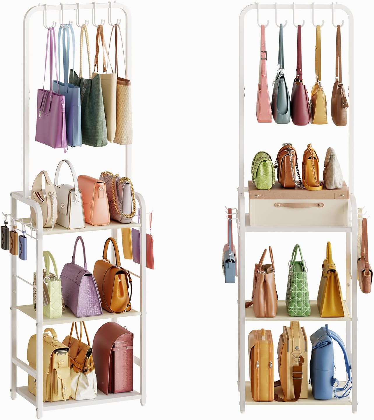 Tall Purse Organizer for Closet with 5 Purse Hanger & 6 Side Hooks, 4 Tier Floor-Standing Purse Rack Stand for Purse Storage, Narrow & High-Capacity Handbag Organizer, Backpack Storage for Small Place