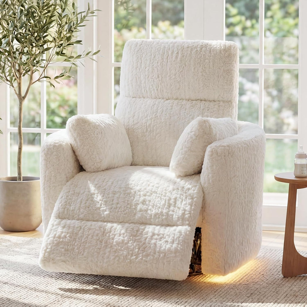 Power Swivel Rocker Recliner, Large Nursery Glider, USB A&C, Beige | Fluffy Plush Nursery Chair w/ 2 Pillows, USB and Type-C Ports, Night Light,for Living Room,Bedroom,Nursery