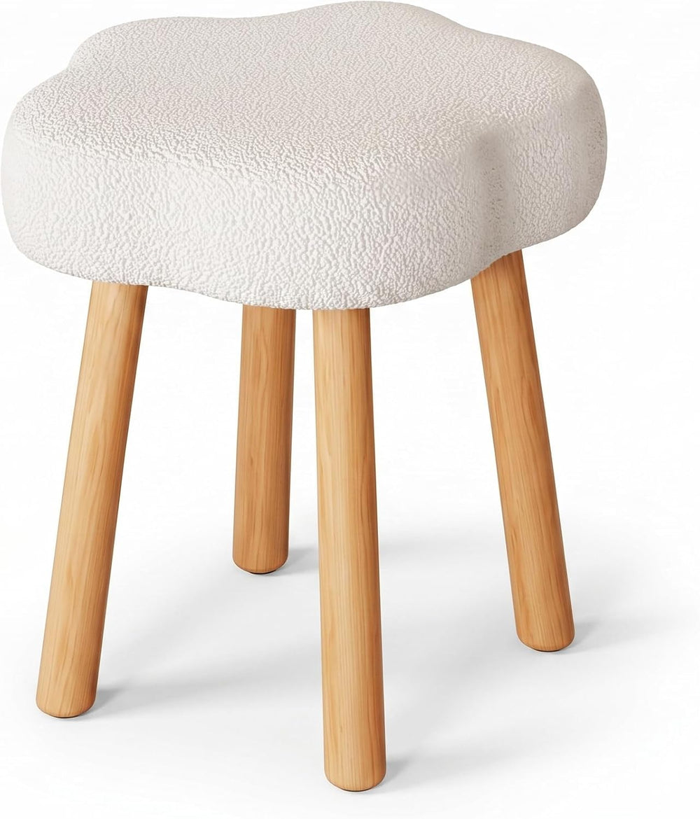 Cmishe Cloud Vanity Stool with Solid Beech Wood Legs, Boucle Makeup Chair for...