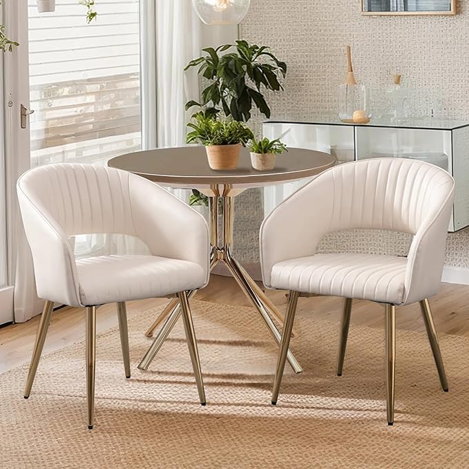 Faux Leather Dining Chairs Gold Legs, Modern Cream PU Leather Dining Room Chairs with Arms Set of 2 Upholstered Accent Chair Armchair with Barrel Back for Kitchen Living Room