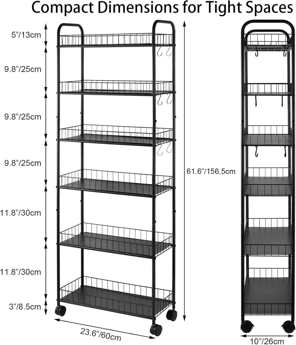 6-Tier Slim Rolling Storage Cart with Wheels, Narrow Metal Organizer Shelf Un...