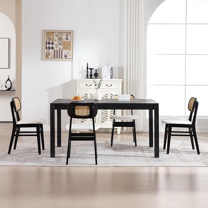 Rattan Dining Chairs Set of 6 Black Linen Fabric Dining Room Chairs Natural Wooden Kitchen Chairs Farmhouse Boho