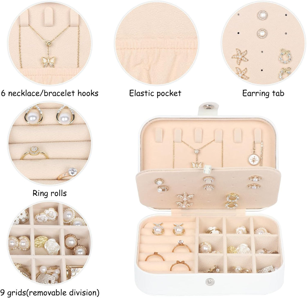 Travel Jewelry Box, Small Jewelry Organizer Boxes for Women Girls, 2 Layer Travel Jewlery Case, PU Leather Mini Portable Jewerly Storage Display Holder for Earrings, Ring, Necklaces, Bracelets White1