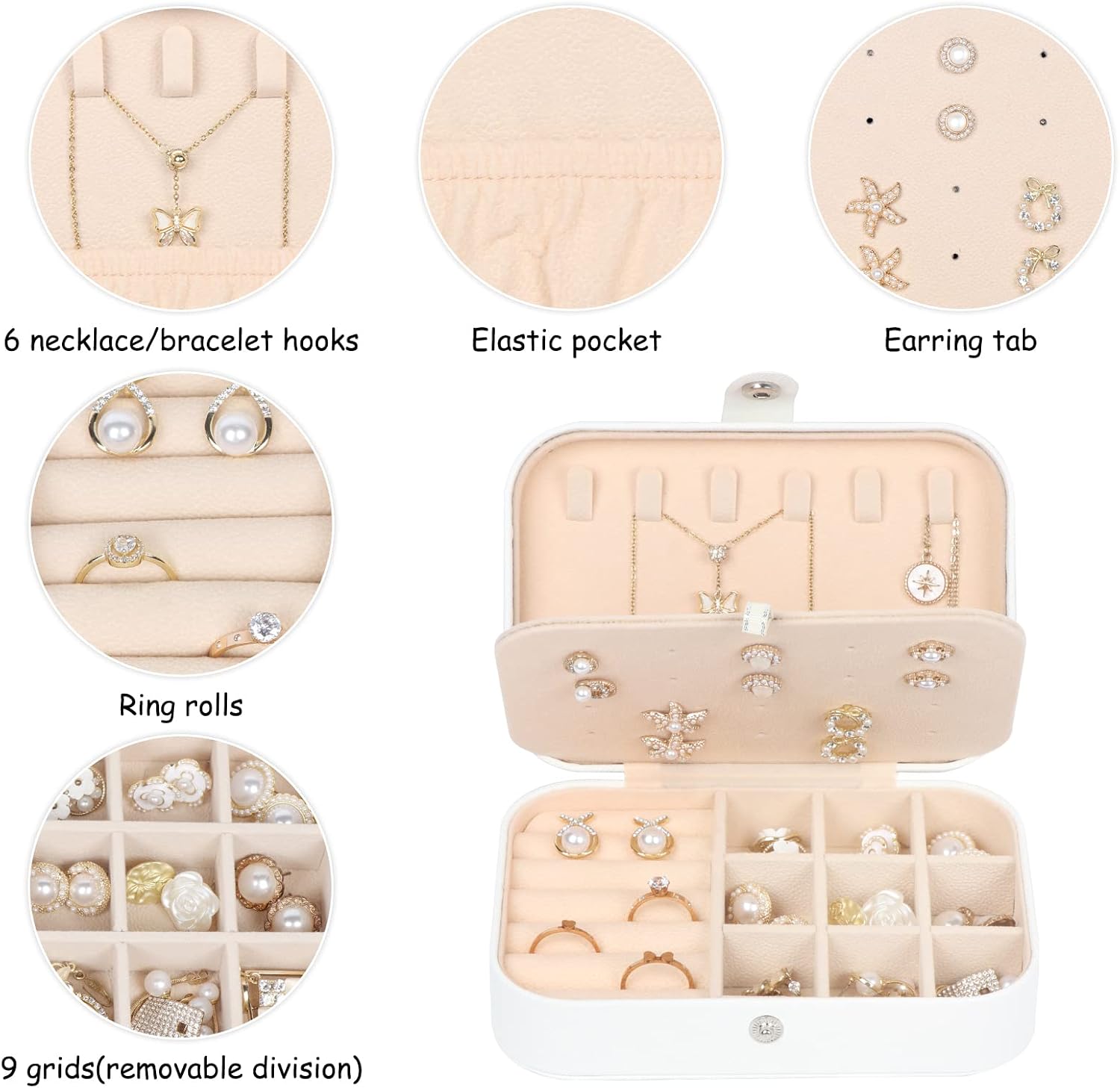 Travel Jewelry Box, Small Jewelry Organizer Boxes for Women Girls, 2 Layer Travel Jewlery Case, PU Leather Mini Portable Jewerly Storage Display Holder for Earrings, Ring, Necklaces, Bracelets White1