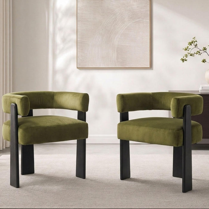 Hyfirm Modern Dining Chairs Set of 2, Upholstered Velvet Barrel Accent Chairs with Backrest & Arms, Wide and Thicker Padded Kitchen Side Chair with Wooden Legs for Dining Room, Livingroom, Dark Green