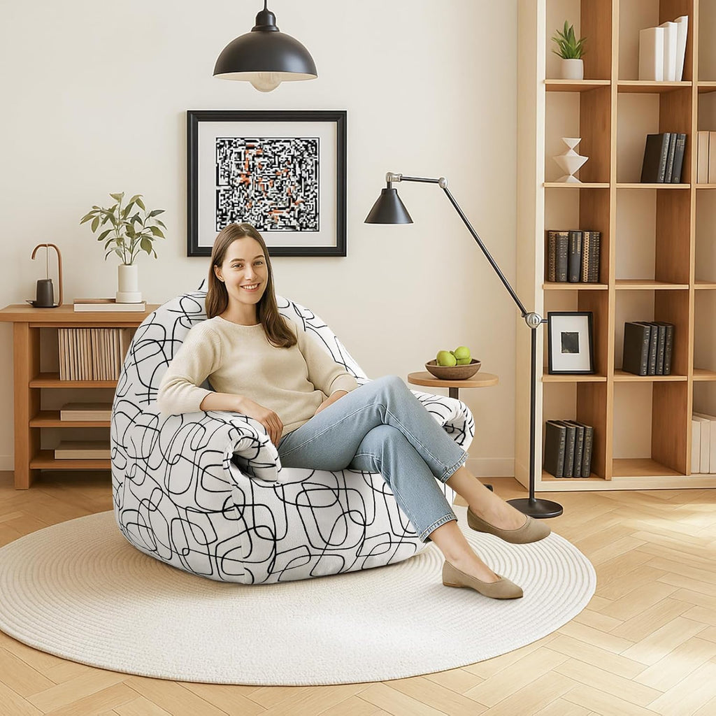 Peace nest Bean Bag Chair with Memory Foam Filled Ultra Soft Jacquard Pattern Cover for Adults Comfy Fur Bean Bag Chairs with Armrests for Bedroom Living Room Office Dorm Reading Lines