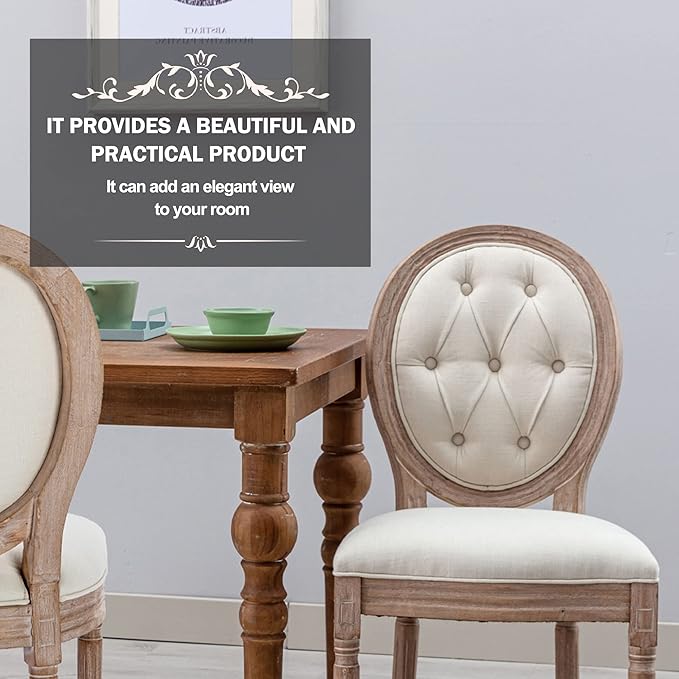 Nrizc French Country Dining Chairs Set of 2, Farmhouse Dining Chairs with Round Button Back, Solid Wood Legs, Oval Side Chairs for Kitchen/Bedroom/Dining Room