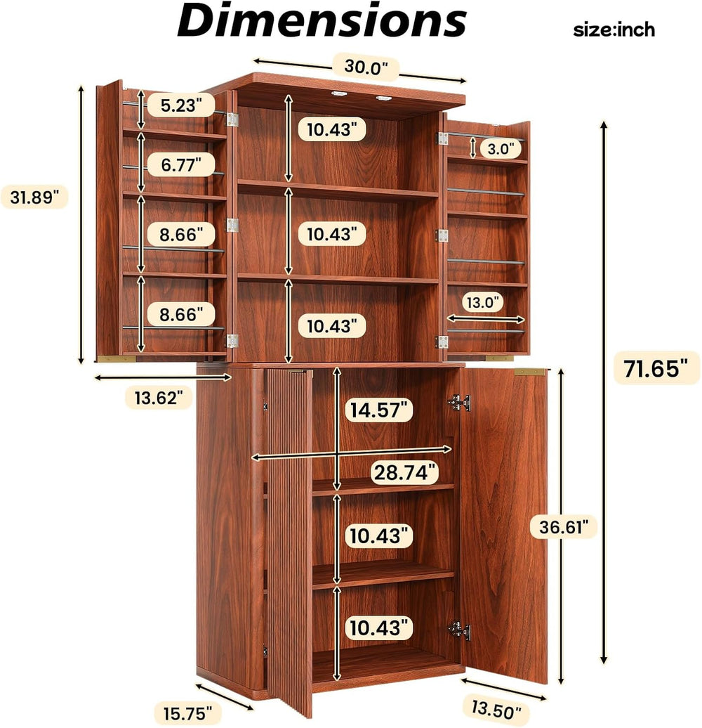 72" Tall Kitchen Pantry Modern Fluted Wood Storage Cabinet with Doors,6 ...