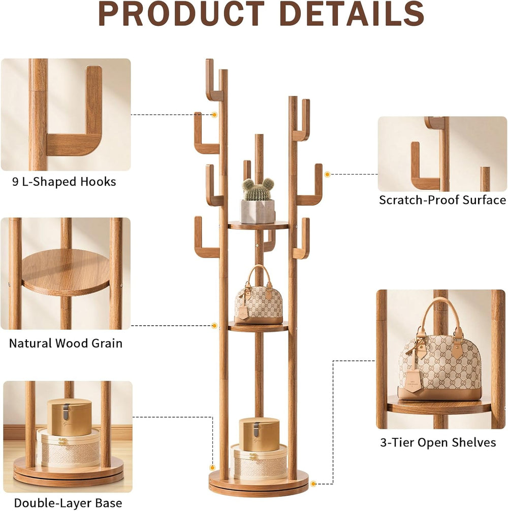 Yoobure Rotary Coat Rack Freestanding - Solid Wood Coat Tree with 9 hooks &am...