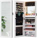 LUXFURNI Full Length Mirror with Storage, 79 LED Lights Mirror Jewelry Cabinet, Wall Mounted or Door-Hanging Jewelry Armoire Organizer with Mirror, Built-in Makeup Mirror, White