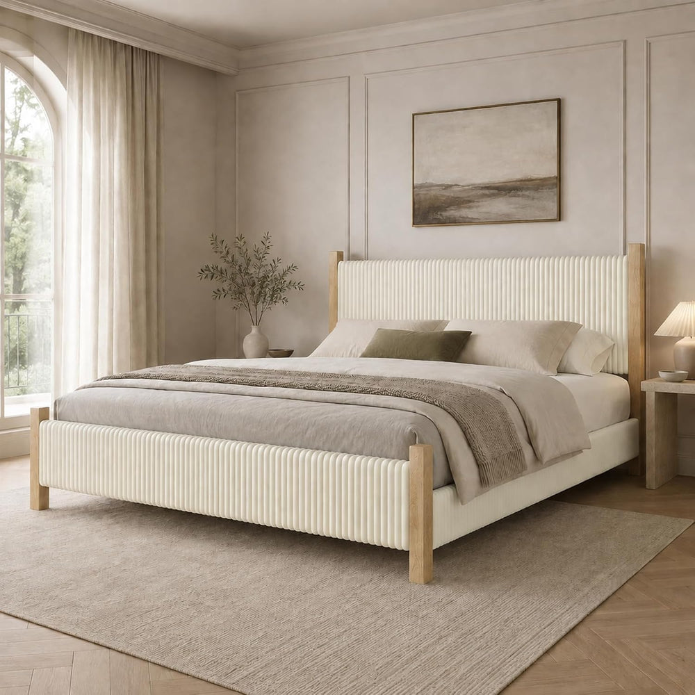 IMMERSTABLE King Bed Frame with Headboard, Upholstered Platform Bed, Beige