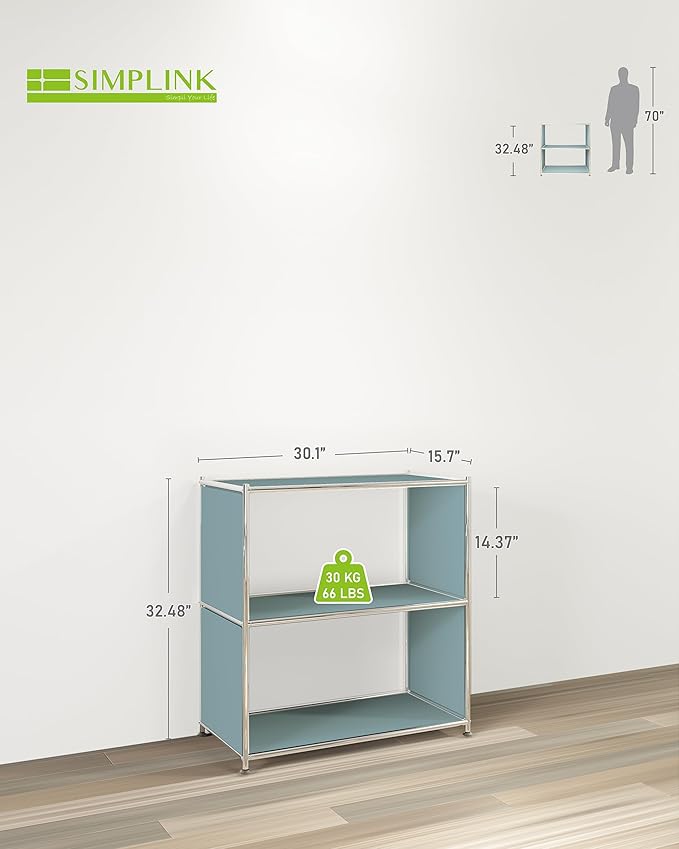32-Inch 2-Tier Metal Bookcase, Open Shelf Storage Organizer for Living Room, Bedroom, Side Table or Nightstand Use, Modern DIY Assembly, Blue