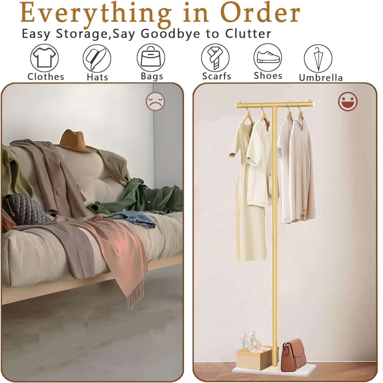 T-Shaped Metal Rack Stand,Modern Clothes Rack With Rock Slab Base,60.3 Inch Freestanding Clothing Rack Stand,Suitable For Boutiques, Entryway, Bedroom, Living Room, (Golden Yellow,60.3 Inch)
