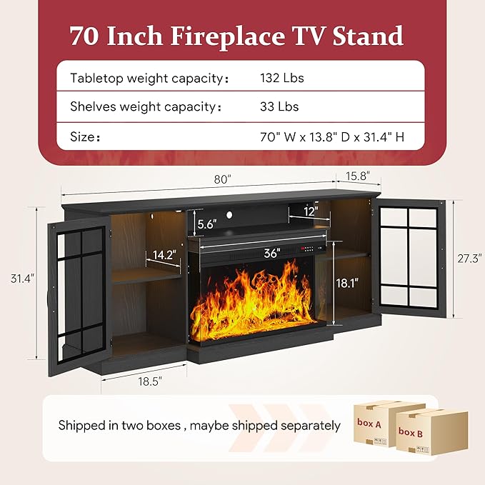 MXV 70'' Fireplace TV Stand, Farmhouse Entertainment Center with 3 Sided Glass TV Stand, Modern Media Console Table with Storage Drawers & Cabinets with LED Flame and Lights for Living Room, Black