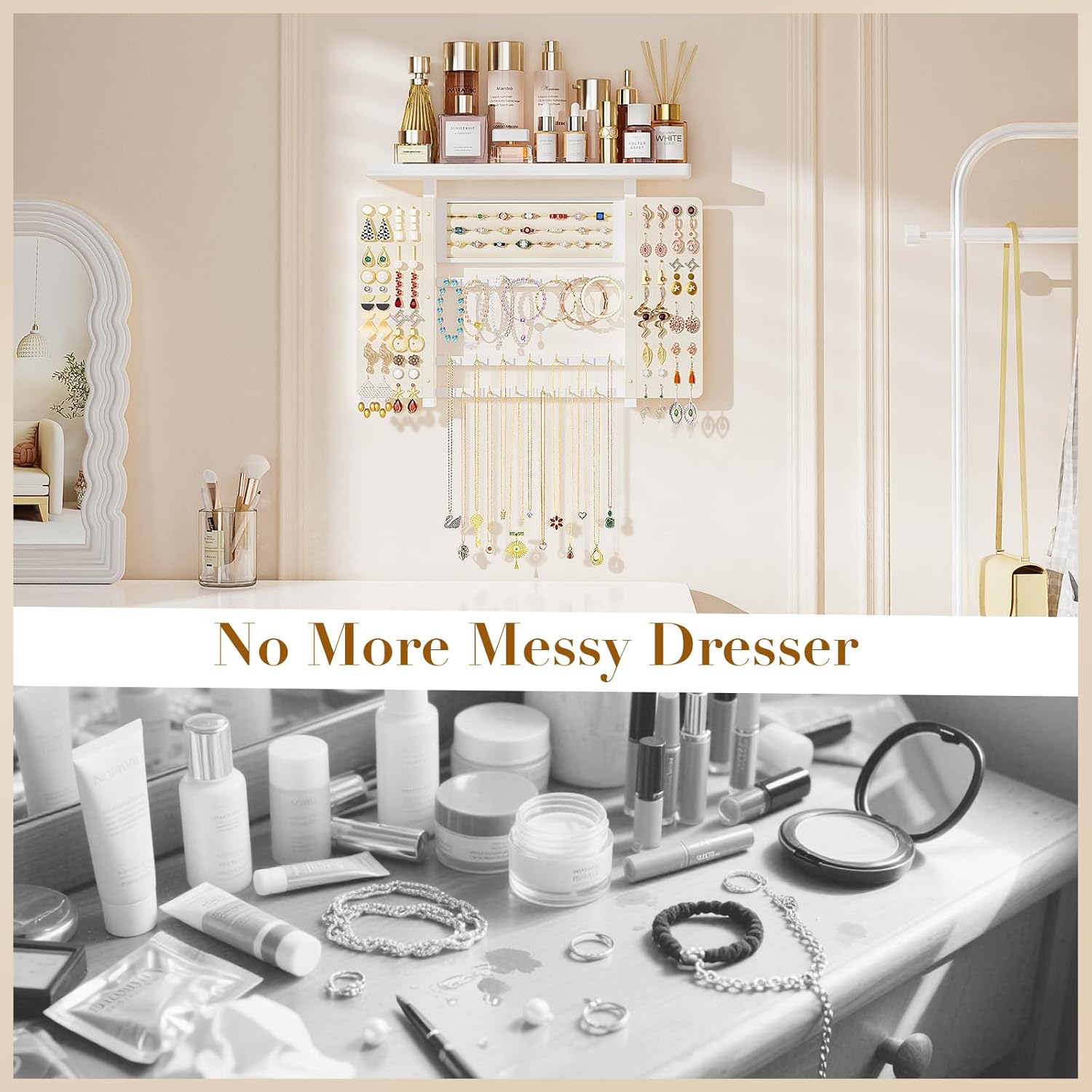Emfogo Jewelry Organizer Hanging Wall Mounted Jewelry Holder, 5-in-1 Large Capacity Necklace Organizer Wall Hanging Jewelry Display for Ring, Necklaces, Bracelets, Earrings (White)