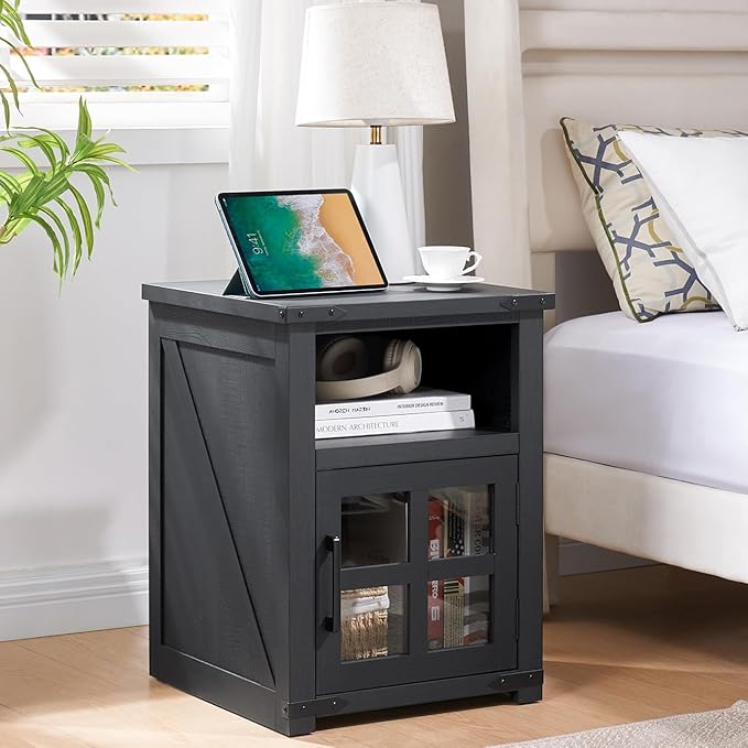 Farmhouse Nightstand with Charging Station, Rustic End Table with Tempered Gl...