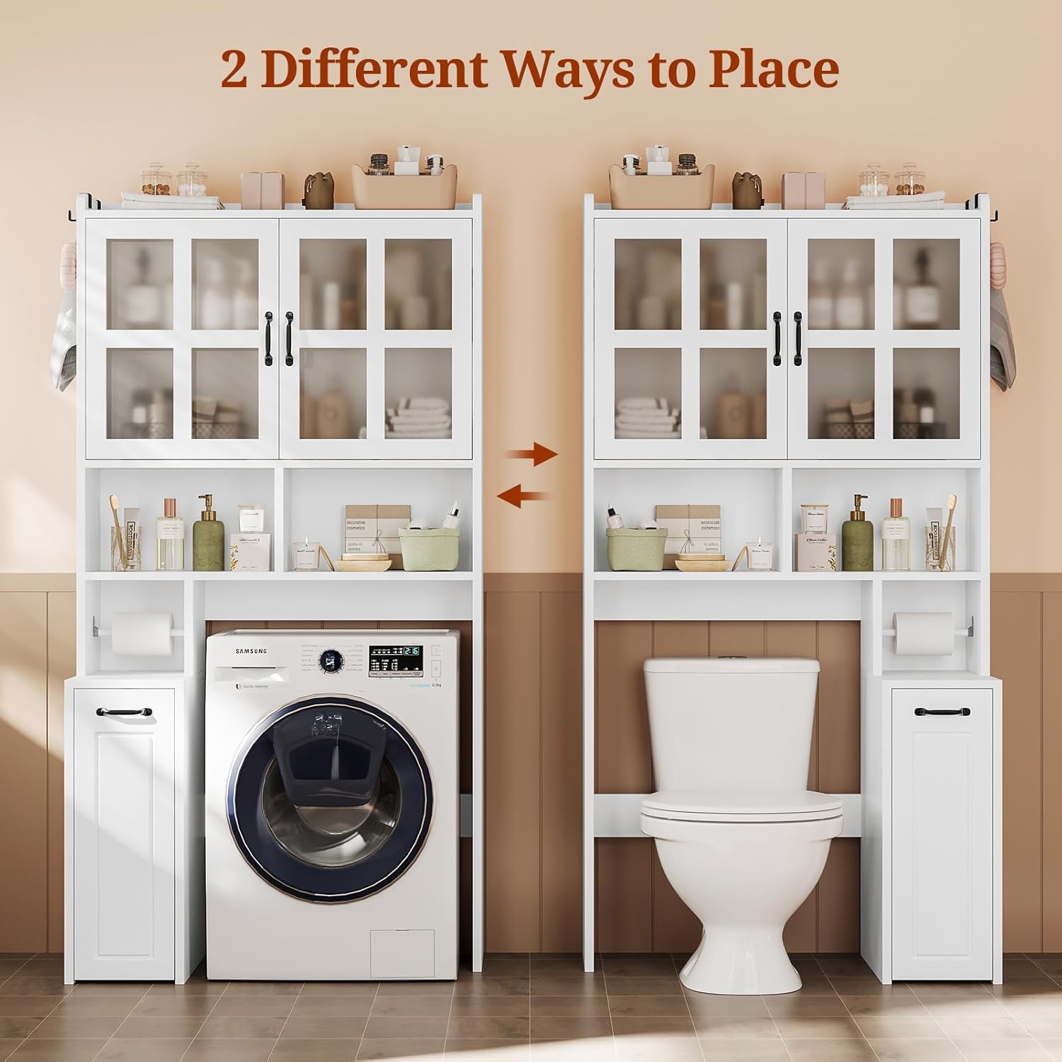 Over The Toilet Storage Cabinet with Pulley Small Bathroom Storage Cabinet, Space Saver W/Adjustable Shelf & Glass Doors for Bathroom, Restroom, Laundry (Frosted Mirror-Type B)