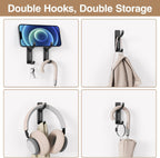 Adhesive Wall Hooks for Hanging: 2-Pack Coat Hooks for Towel, Hat, Purse, Clothes, Keys, Backpack, Stick On Hangers for Door, Kitchen, Dorm, RV, Bathroom, Shower, Hold 13 lb, Stainless, Black