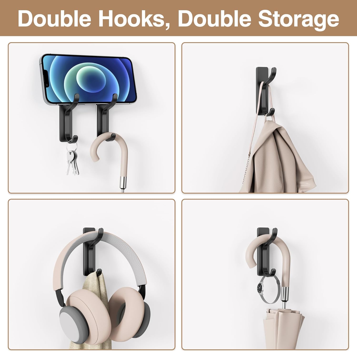Adhesive Wall Hooks for Hanging: 2-Pack Coat Hooks for Towel, Hat, Purse, Clothes, Keys, Backpack, Stick On Hangers for Door, Kitchen, Dorm, RV, Bathroom, Shower, Hold 13 lb, Stainless, Black