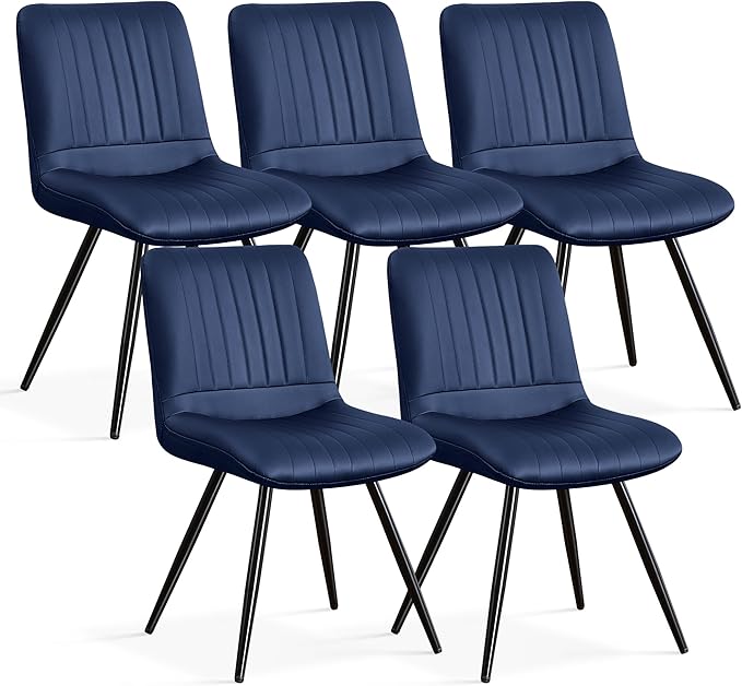 Dining Chairs Set of 5, Modern Dining Chairs with Thick Cushions, PU Leather Upholstered Kitchen Dining Room Chairs with Metal Legs for Dining Living Room (Navy Blue)