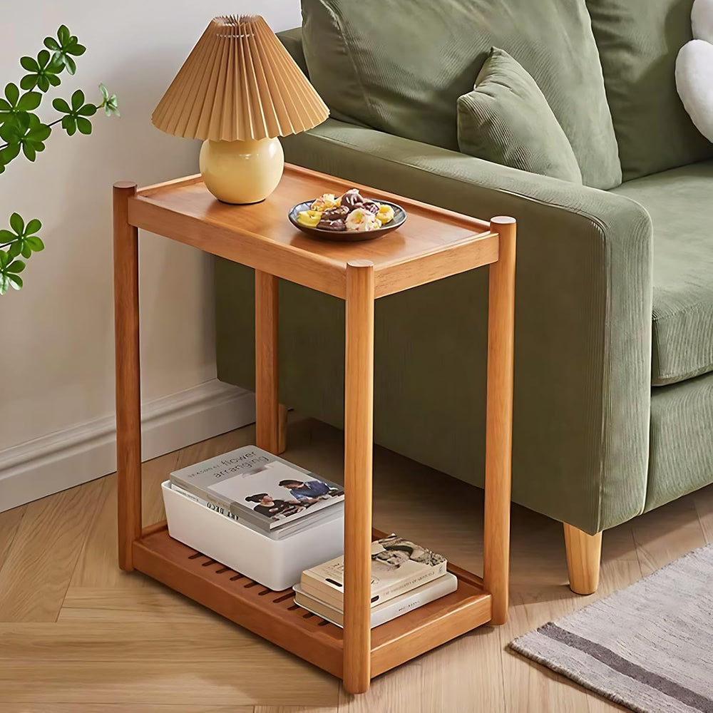 Side Table, Solid Wood Narrow End Table with Storage Shelf and Wheels, 2-Tier...