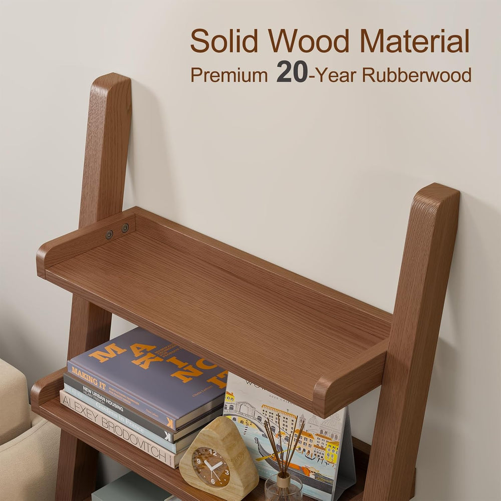 AQIMUELE Walnut Wooden Ladder Shelf with Edges, 5-Tier Modern Leaning Bookshe...