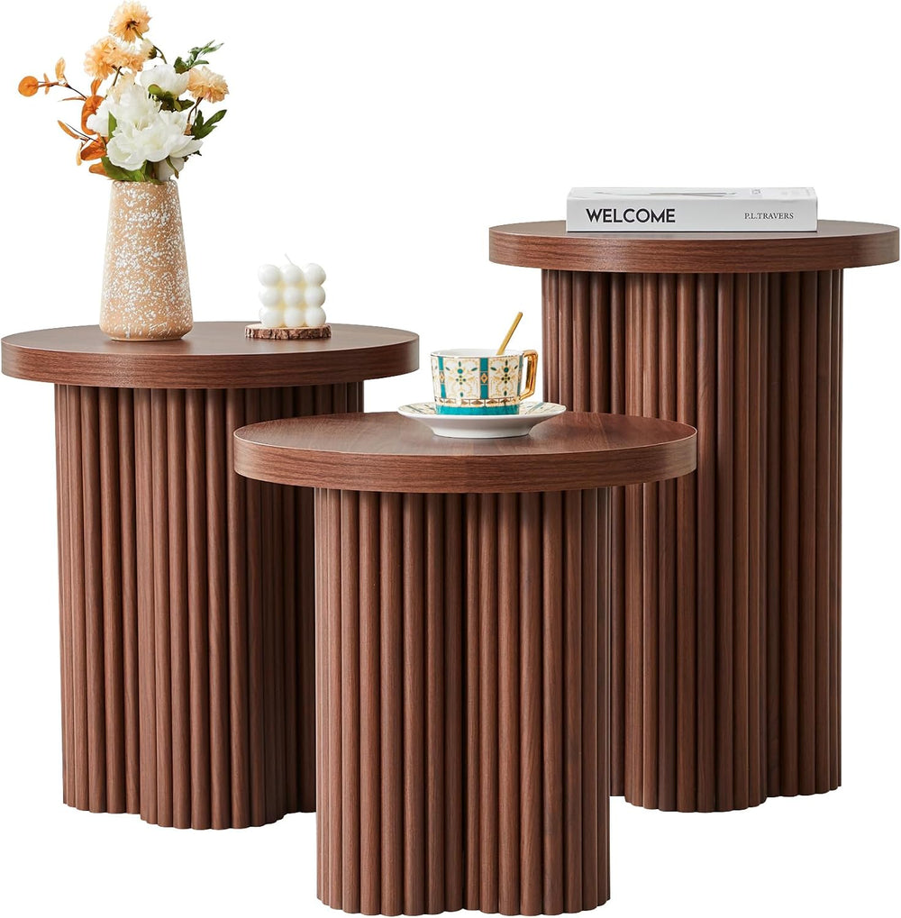 Nesting Coffee Table Set of 3, Fluted Round Nesting Tables Mid Century Modern...
